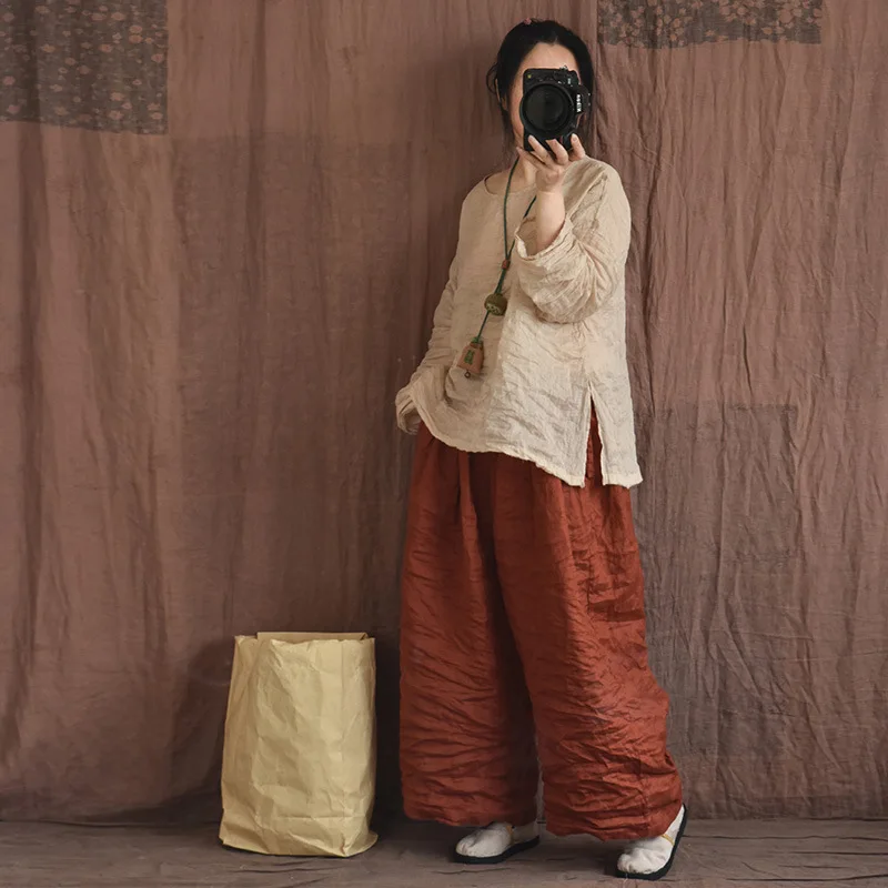 Johnature Women Linen Vintage Wide Leg Pants Elastic Waist Solid Color Trouser 2025 Spring New Loose Pockets Women Long Pants