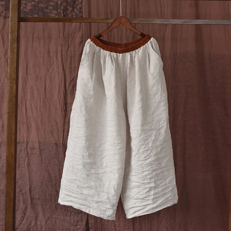 Johnature Women Linen Vintage Wide Leg Pants Elastic Waist Solid Color Trouser 2025 Spring New Loose Pockets Women Long Pants