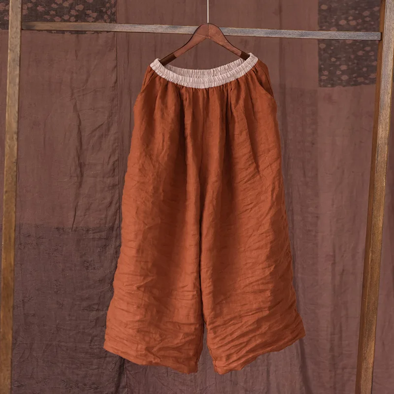 Johnature Women Linen Vintage Wide Leg Pants Elastic Waist Solid Color Trouser 2025 Spring New Loose Pockets Women Long Pants