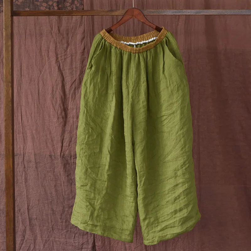 Johnature Women Linen Vintage Wide Leg Pants Elastic Waist Solid Color Trouser 2025 Spring New Loose Pockets Women Long Pants
