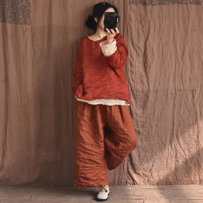 Johnature Women Linen Vintage Wide Leg Pants Elastic Waist Solid Color Trouser 2025 Spring New Loose Pockets Women Long Pants