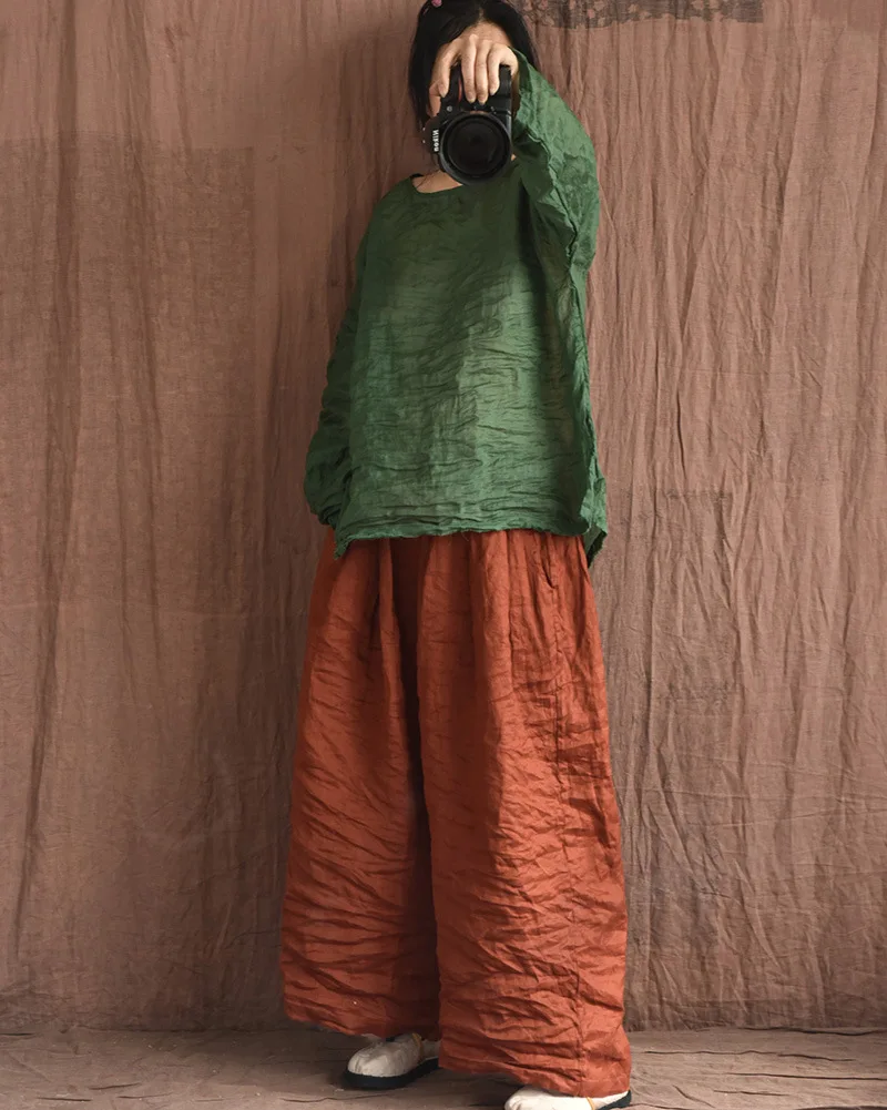 Johnature Women Linen Vintage Wide Leg Pants Elastic Waist Solid Color Trouser 2025 Spring New Loose Pockets Women Long Pants