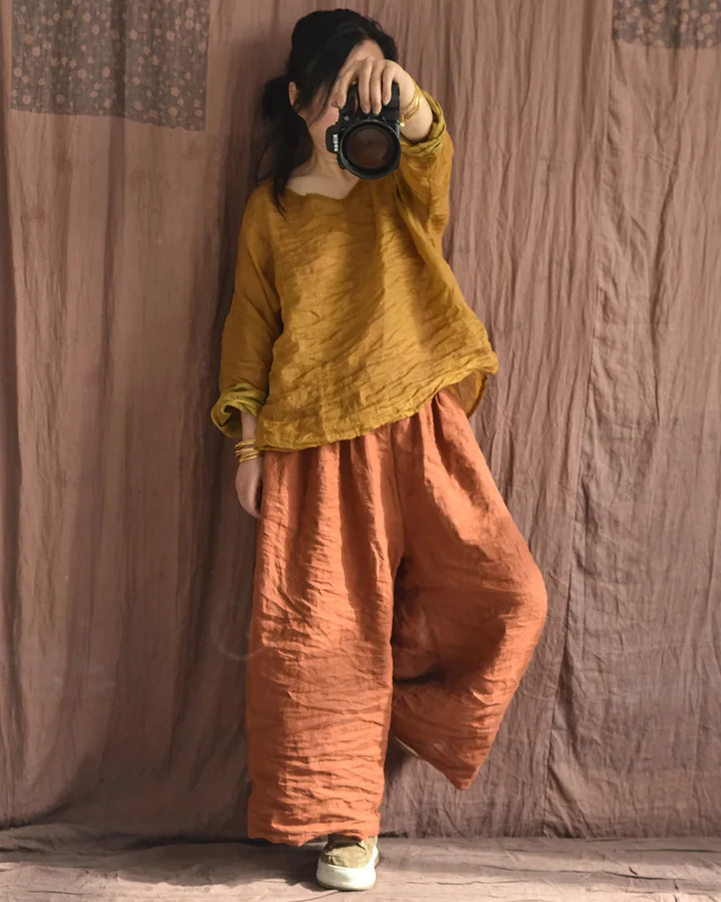 Johnature Women Linen Vintage Wide Leg Pants Elastic Waist Solid Color Trouser 2025 Spring New Loose Pockets Women Long Pants