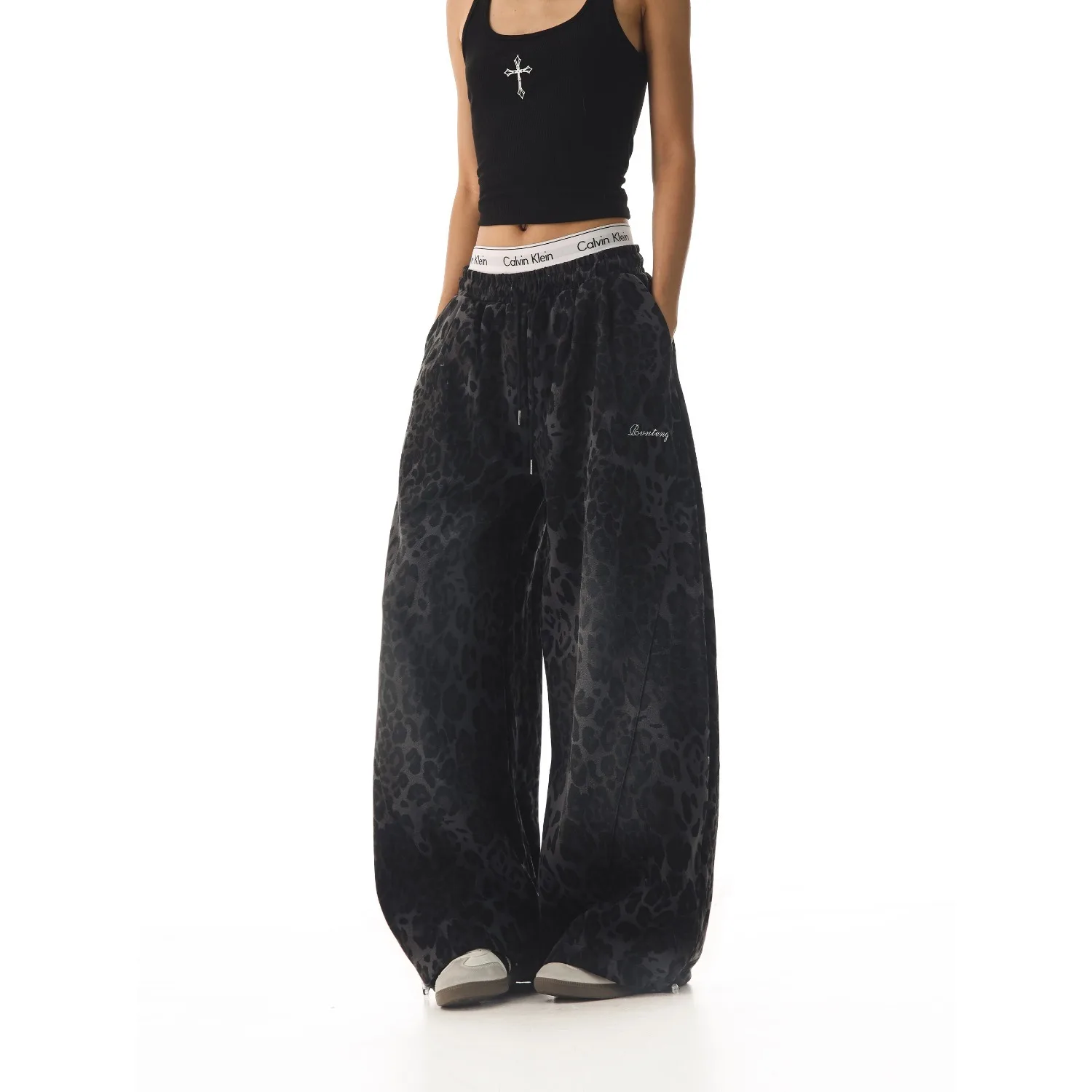 Y2K American Retro Pants Women Washed Leopard Print Spicy Girl Loose Slimming Wide Leg Versatile Casual Fashion