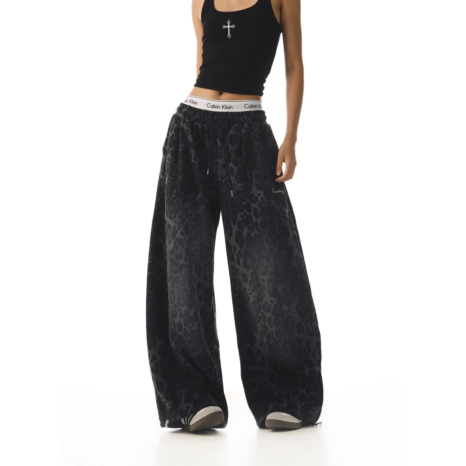 Y2K American Retro Pants Women Washed Leopard Print Spicy Girl Loose Slimming Wide Leg Versatile Casual Fashion
