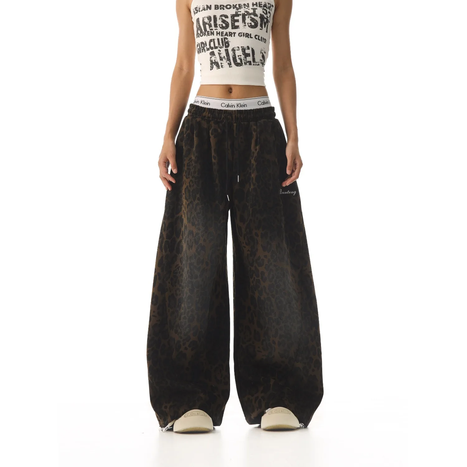 Y2K American Retro Pants Women Washed Leopard Print Spicy Girl Loose Slimming Wide Leg Versatile Casual Fashion