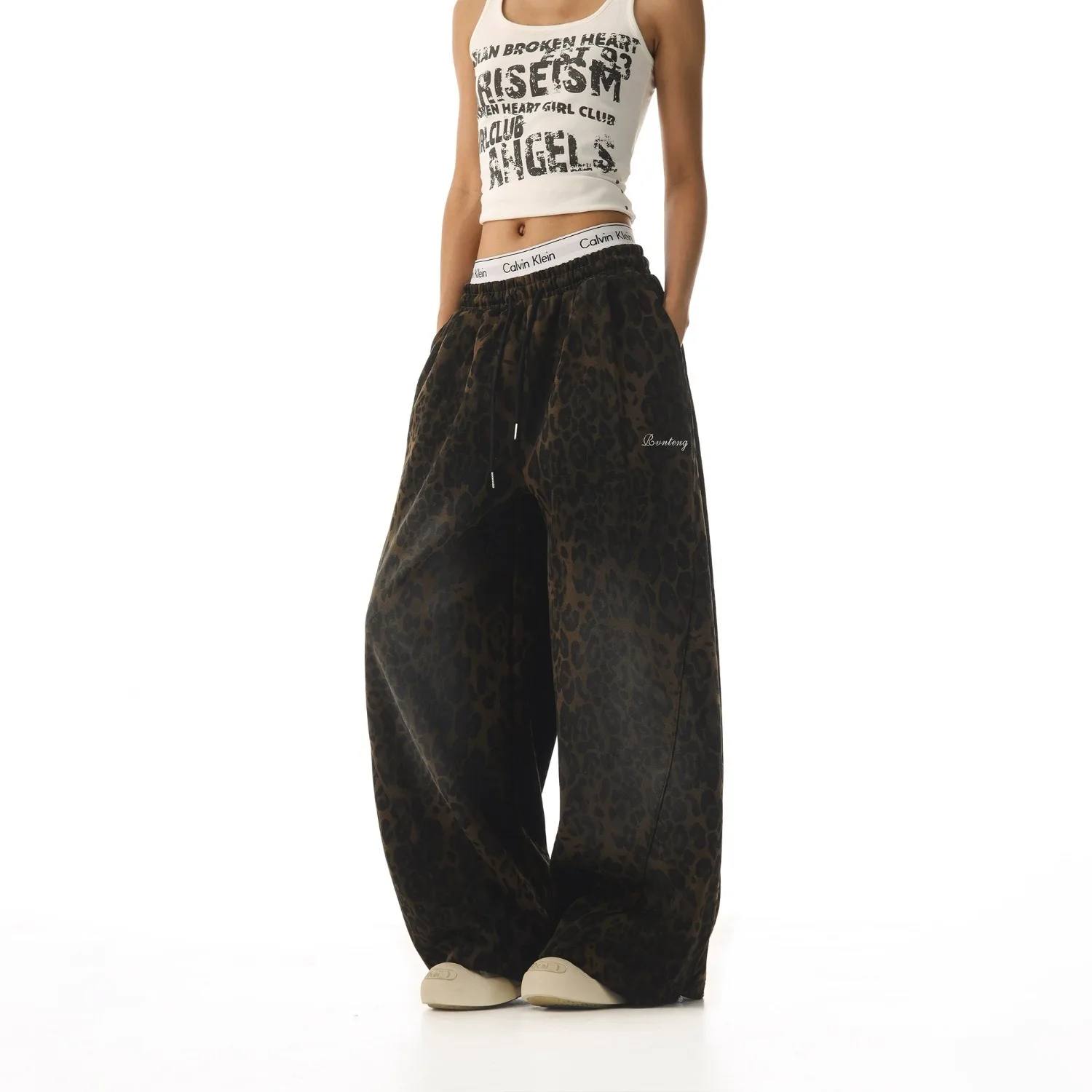 Y2K American Retro Pants Women Washed Leopard Print Spicy Girl Loose Slimming Wide Leg Versatile Casual Fashion