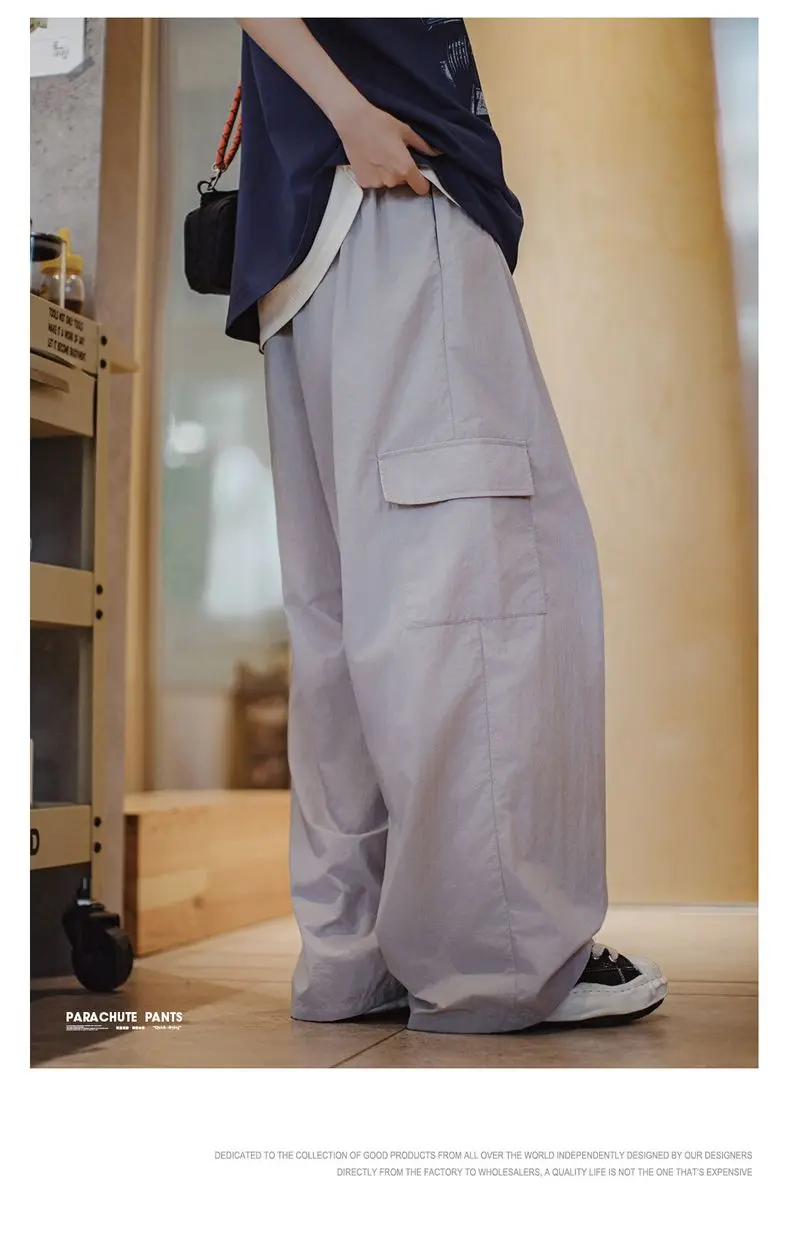 Maden Outdoor Lightweight Quick-Dry Cargo Pants Women Summer Elastic Waist Parachute Pants Pockets Solid Color Straight Trousers