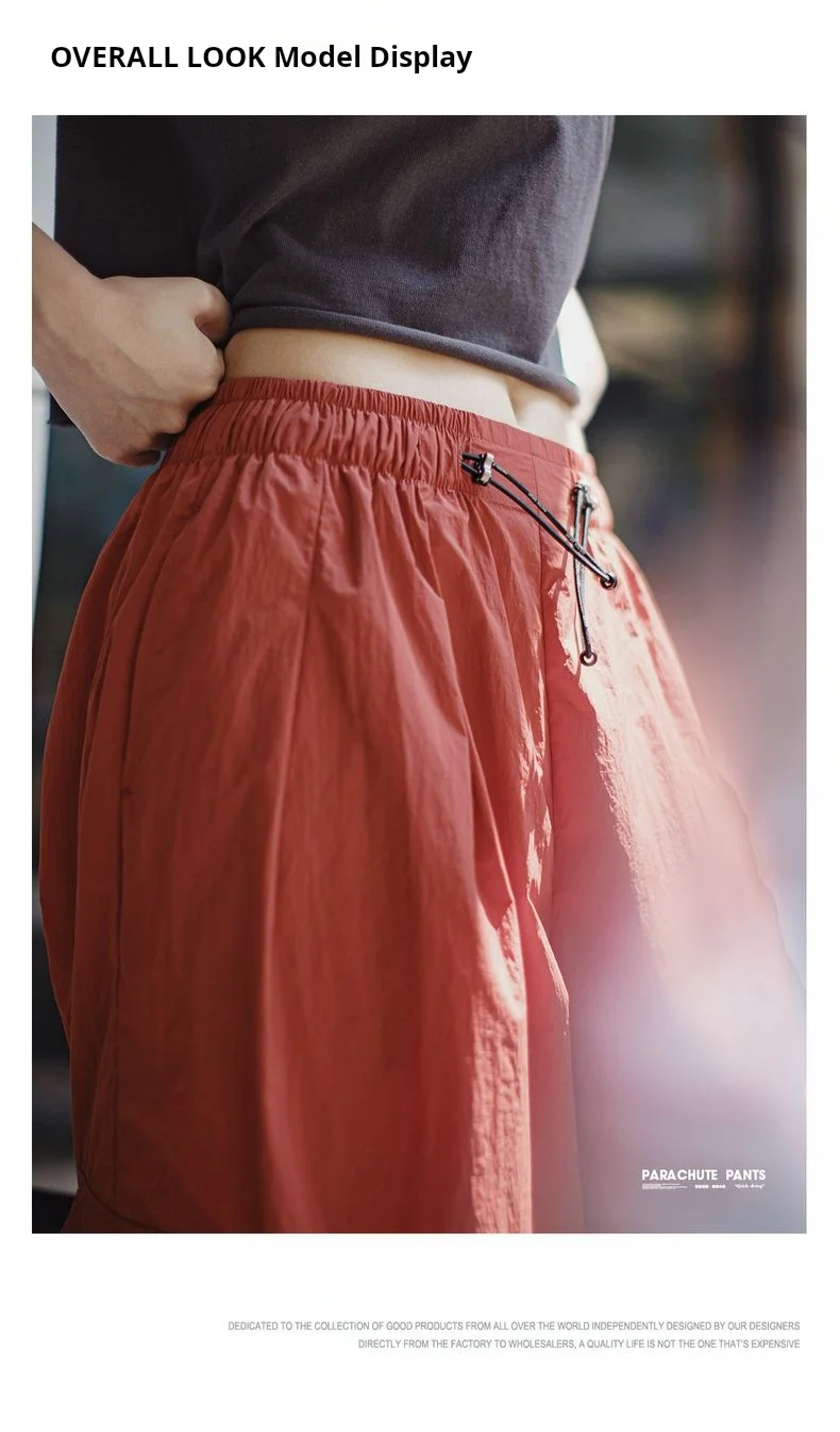 Maden Outdoor Lightweight Quick-Dry Cargo Pants Women Summer Elastic Waist Parachute Pants Pockets Solid Color Straight Trousers