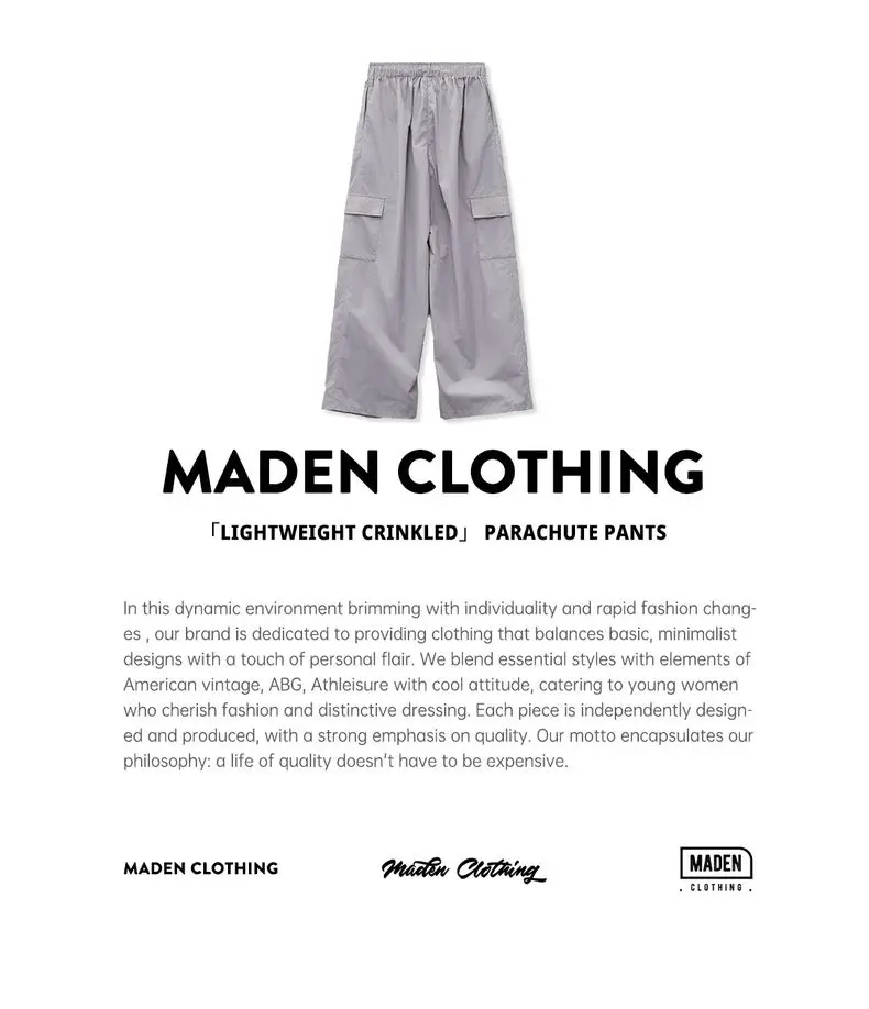 Maden Outdoor Lightweight Quick-Dry Cargo Pants Women Summer Elastic Waist Parachute Pants Pockets Solid Color Straight Trousers