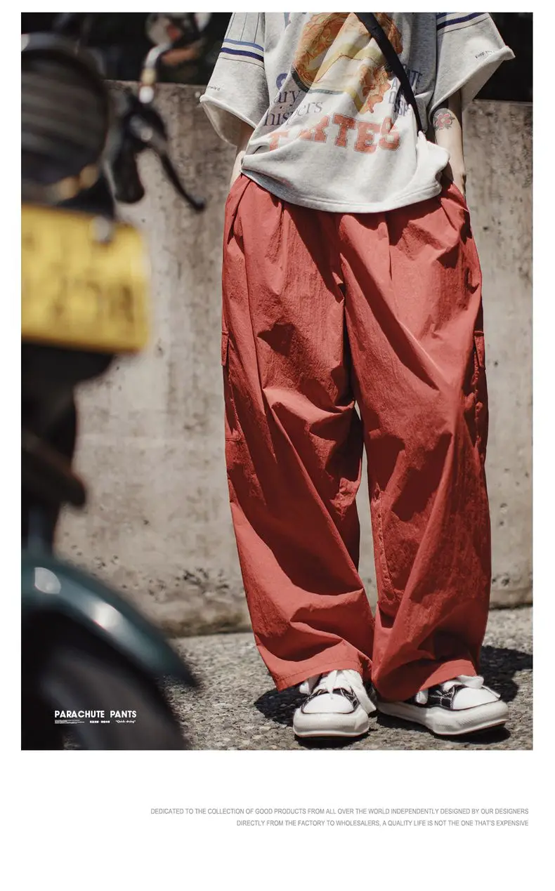 Maden Outdoor Lightweight Quick-Dry Cargo Pants Women Summer Elastic Waist Parachute Pants Pockets Solid Color Straight Trousers