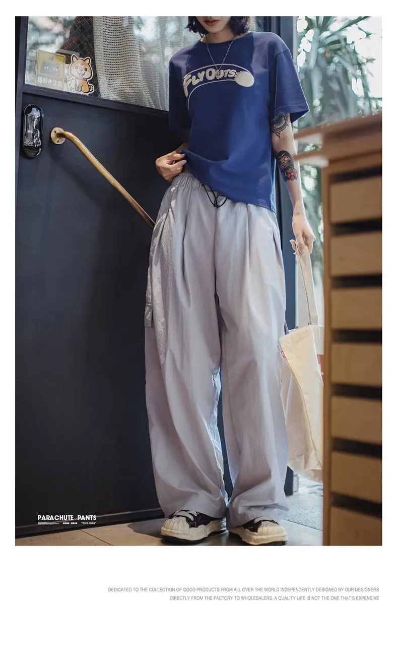 Maden Outdoor Lightweight Quick-Dry Cargo Pants Women Summer Elastic Waist Parachute Pants Pockets Solid Color Straight Trousers