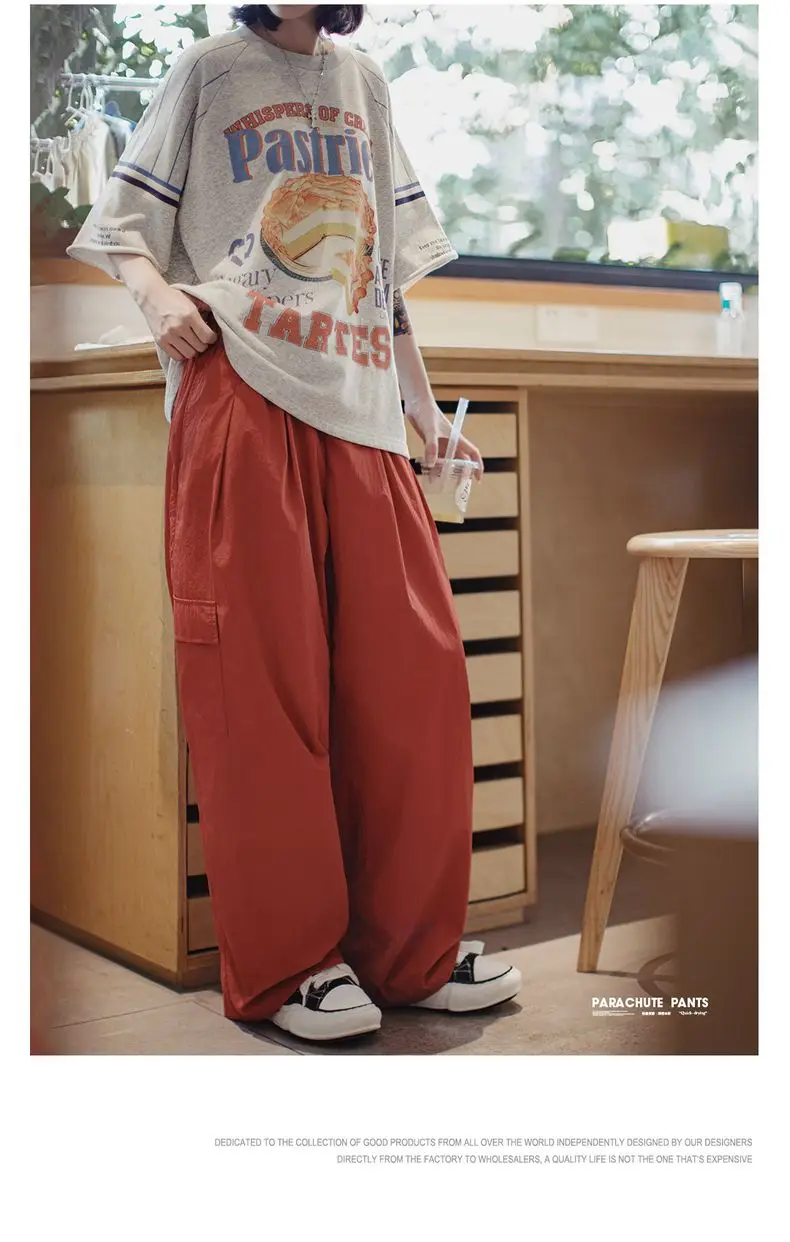 Maden Outdoor Lightweight Quick-Dry Cargo Pants Women Summer Elastic Waist Parachute Pants Pockets Solid Color Straight Trousers