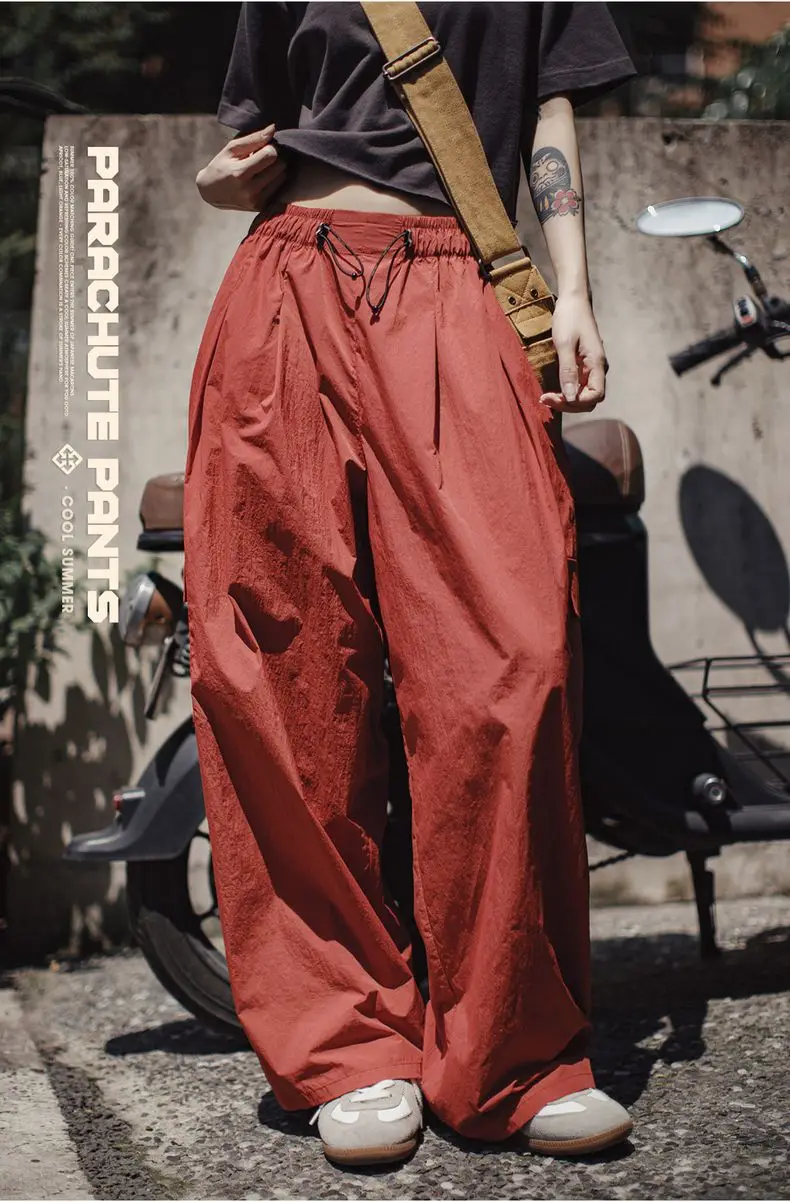 Maden Outdoor Lightweight Quick-Dry Cargo Pants Women Summer Elastic Waist Parachute Pants Pockets Solid Color Straight Trousers