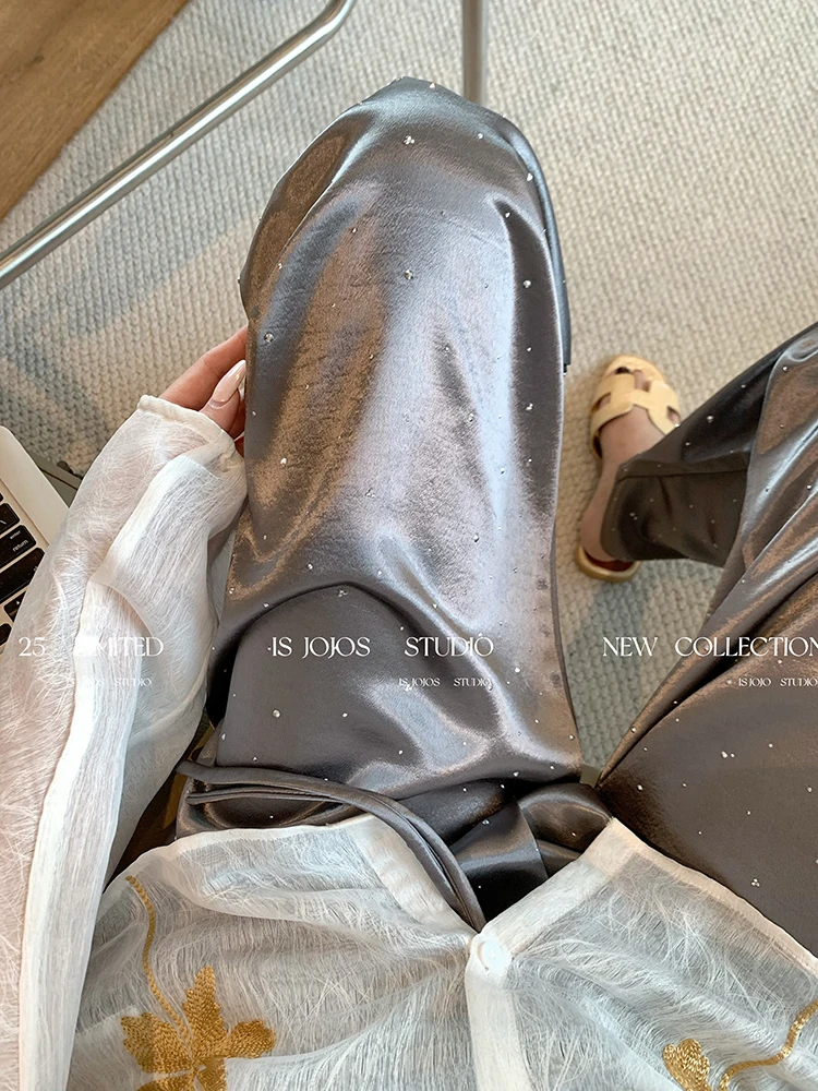 Acetate Hot Diamond New Chinese Satin Straight-leg Pants Women's 2025 Summer New Drape Thin Casual Pants