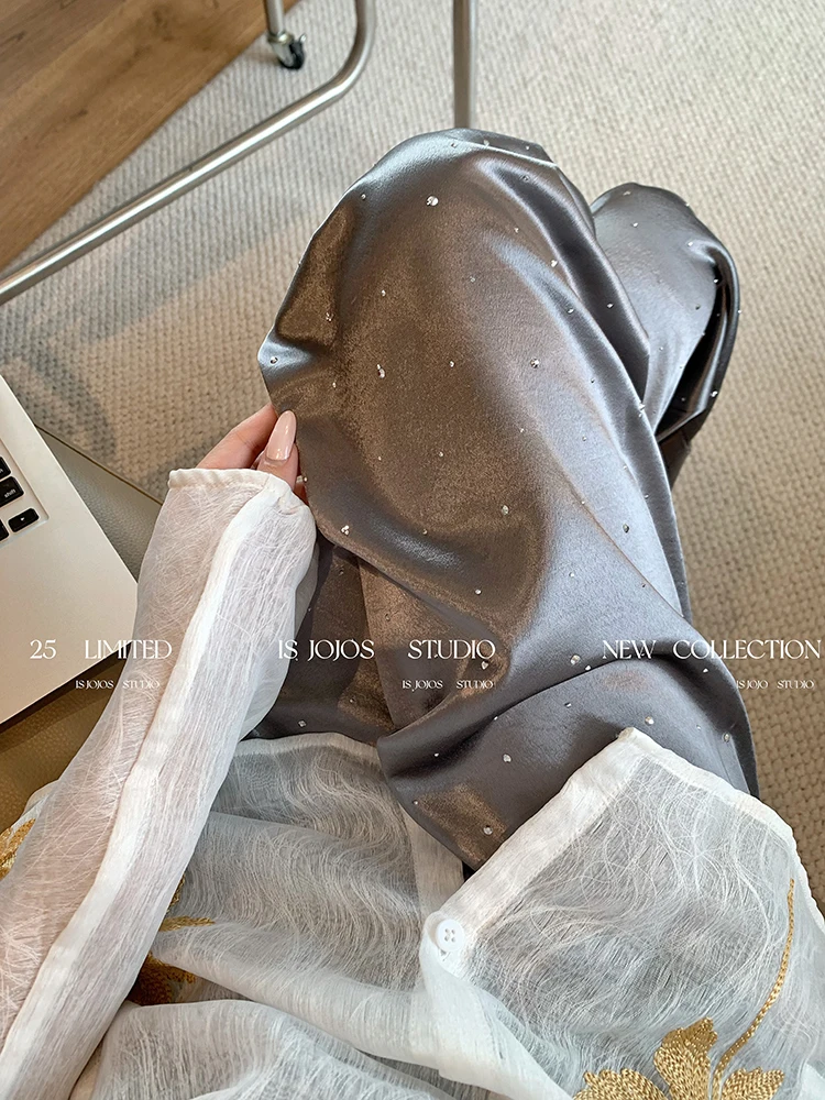 Acetate Hot Diamond New Chinese Satin Straight-leg Pants Women's 2025 Summer New Drape Thin Casual Pants