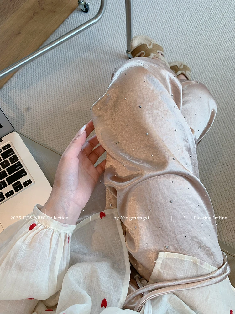 Acetate Hot Diamond New Chinese Satin Straight-leg Pants Women's 2025 Summer New Drape Thin Casual Pants