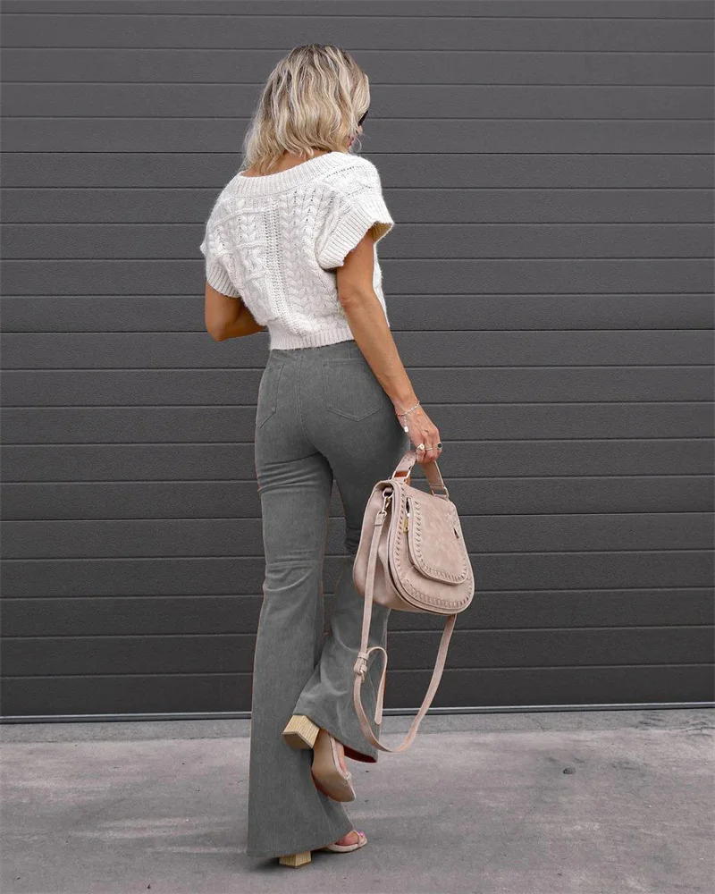 2023 Corduroy Casual Trousers Women Autumn Winter Solid High-waist Flare Pants Lady Slim Black Gray Khaki Orange Long Pants