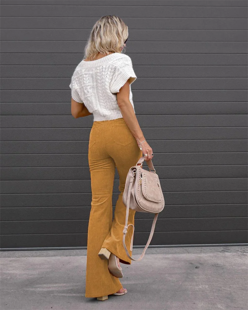 2023 Corduroy Casual Trousers Women Autumn Winter Solid High-waist Flare Pants Lady Slim Black Gray Khaki Orange Long Pants