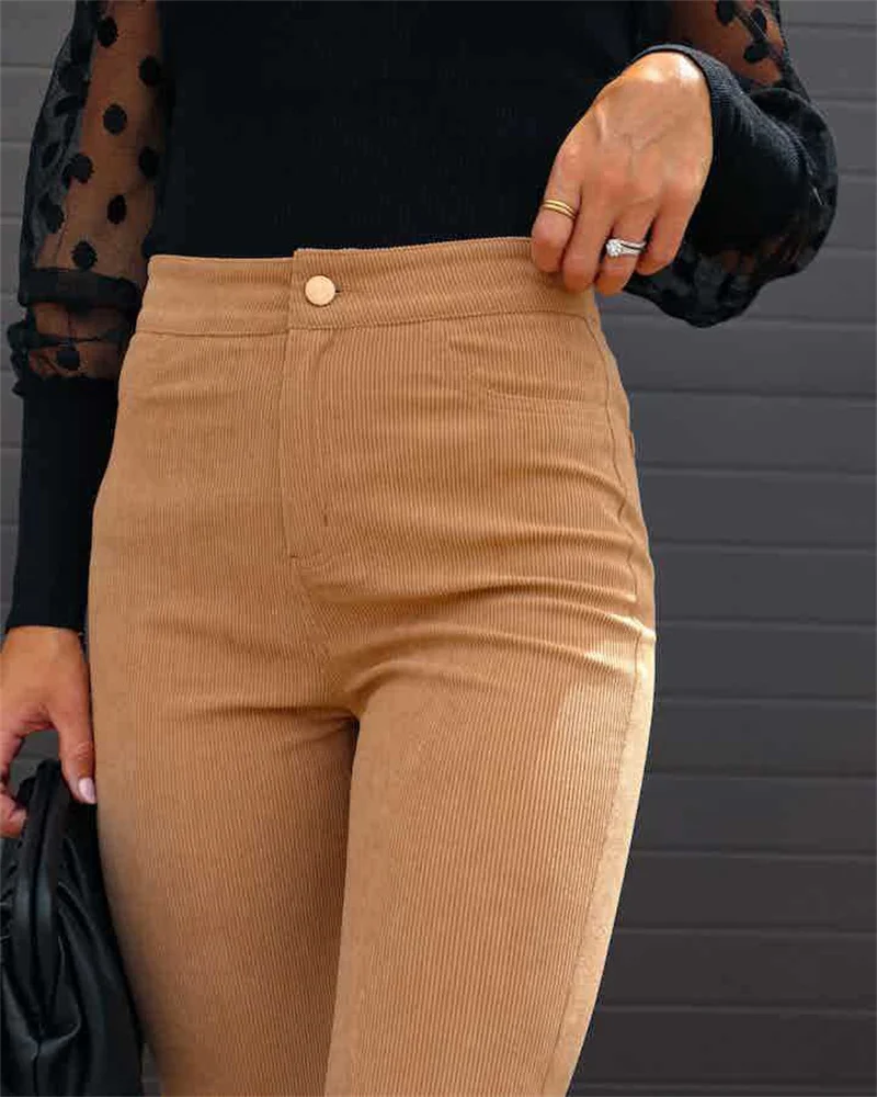 2023 Corduroy Casual Trousers Women Autumn Winter Solid High-waist Flare Pants Lady Slim Black Gray Khaki Orange Long Pants
