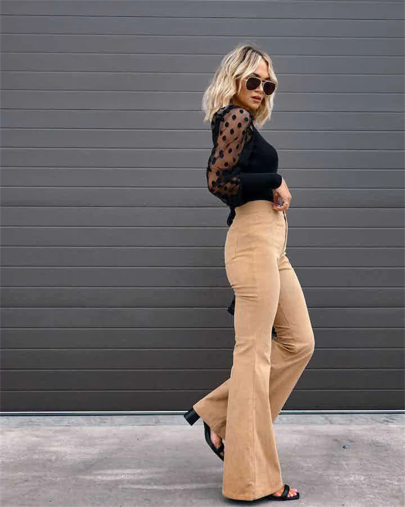 2023 Corduroy Casual Trousers Women Autumn Winter Solid High-waist Flare Pants Lady Slim Black Gray Khaki Orange Long Pants