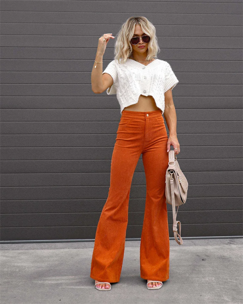 2023 Corduroy Casual Trousers Women Autumn Winter Solid High-waist Flare Pants Lady Slim Black Gray Khaki Orange Long Pants