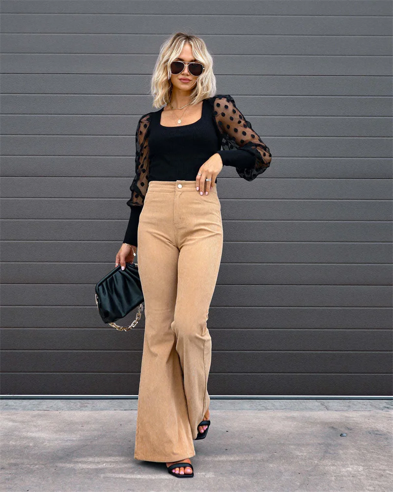 2023 Corduroy Casual Trousers Women Autumn Winter Solid High-waist Flare Pants Lady Slim Black Gray Khaki Orange Long Pants
