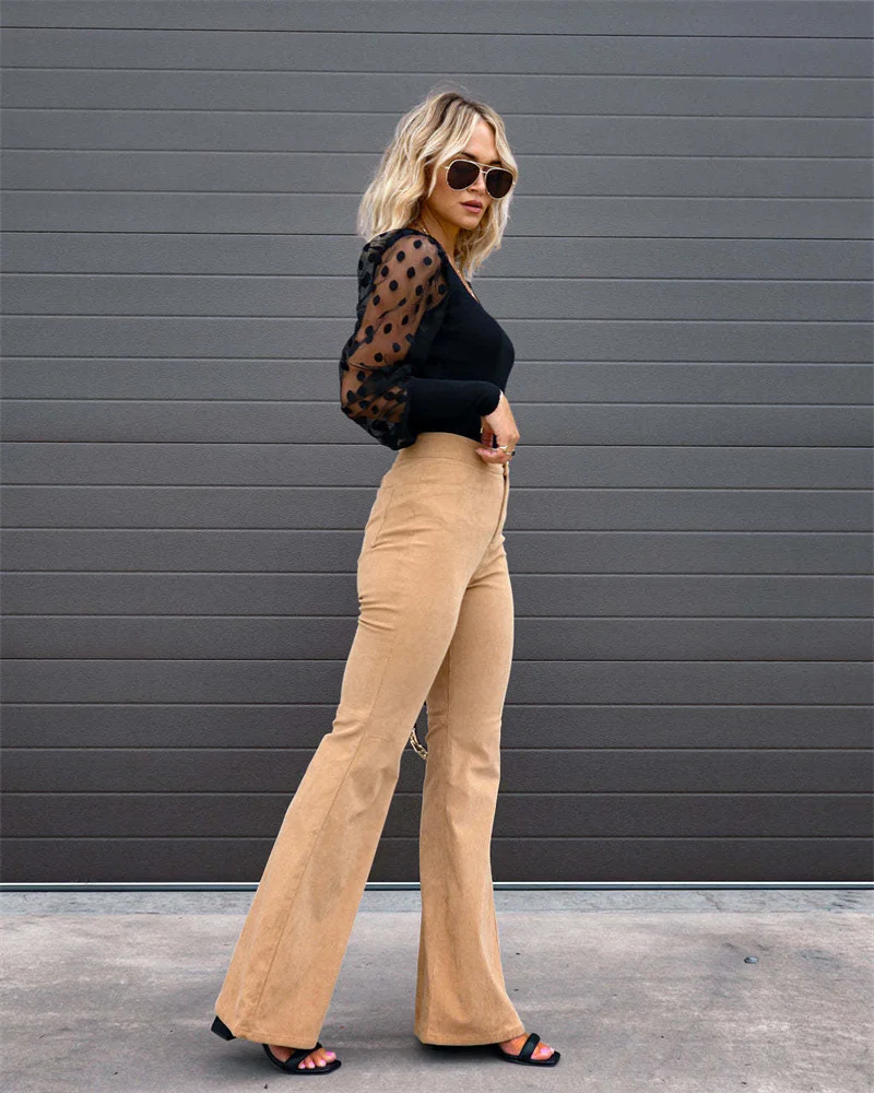 2023 Corduroy Casual Trousers Women Autumn Winter Solid High-waist Flare Pants Lady Slim Black Gray Khaki Orange Long Pants