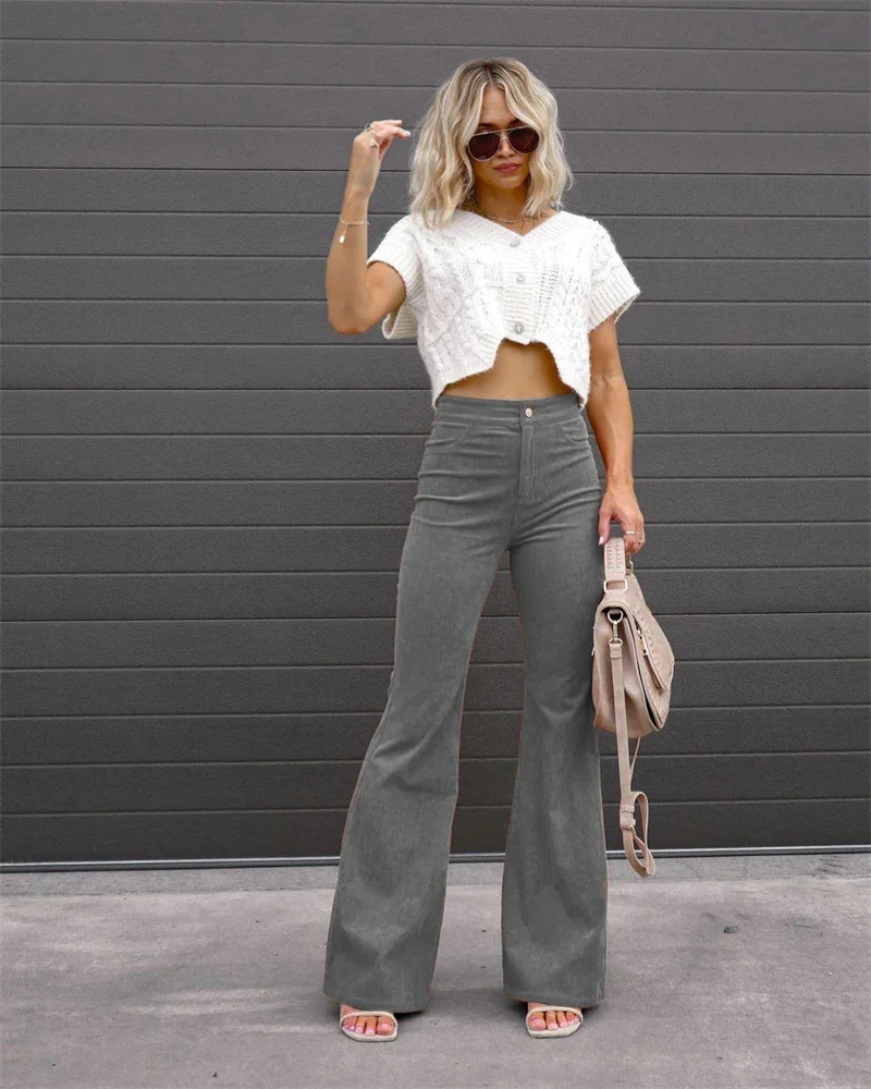 2023 Corduroy Casual Trousers Women Autumn Winter Solid High-waist Flare Pants Lady Slim Black Gray Khaki Orange Long Pants