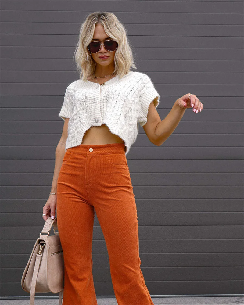 2023 Corduroy Casual Trousers Women Autumn Winter Solid High-waist Flare Pants Lady Slim Black Gray Khaki Orange Long Pants