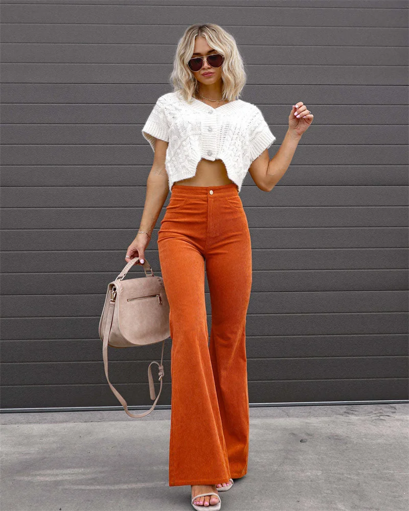 2023 Corduroy Casual Trousers Women Autumn Winter Solid High-waist Flare Pants Lady Slim Black Gray Khaki Orange Long Pants