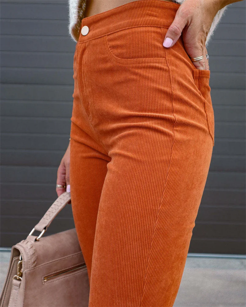2023 Corduroy Casual Trousers Women Autumn Winter Solid High-waist Flare Pants Lady Slim Black Gray Khaki Orange Long Pants