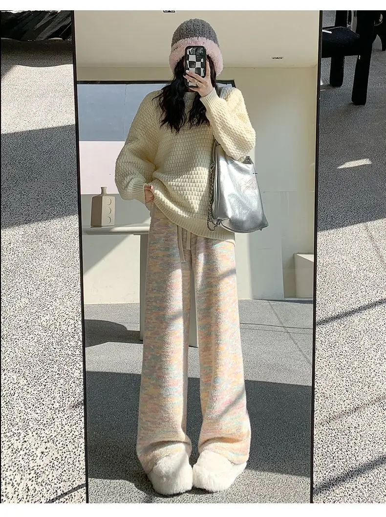 HOUZHOU Sweet Rainbow Tie-dye Women Pants Casual Kawaii Warm Knitted Trousers Baggy Cute Japanese Fashion Autumn Soft Sweatpants