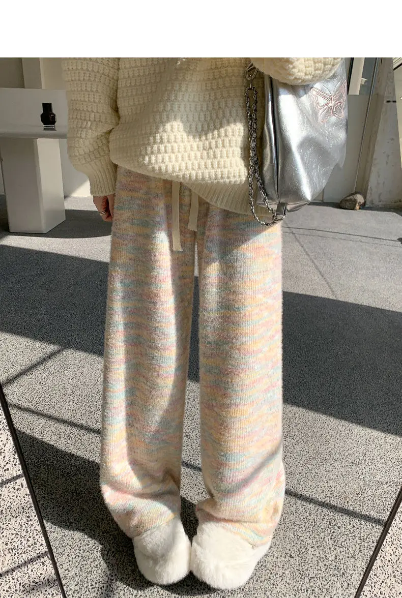 HOUZHOU Sweet Rainbow Tie-dye Women Pants Casual Kawaii Warm Knitted Trousers Baggy Cute Japanese Fashion Autumn Soft Sweatpants