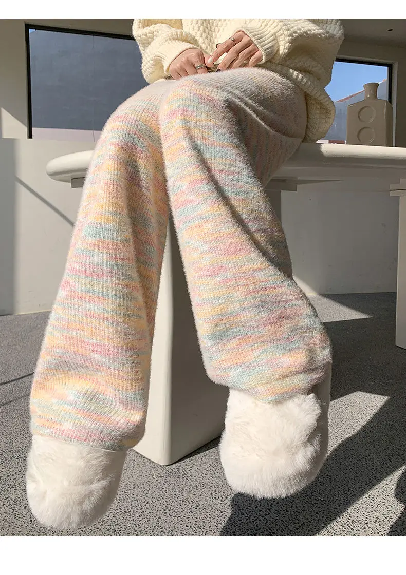 HOUZHOU Sweet Rainbow Tie-dye Women Pants Casual Kawaii Warm Knitted Trousers Baggy Cute Japanese Fashion Autumn Soft Sweatpants
