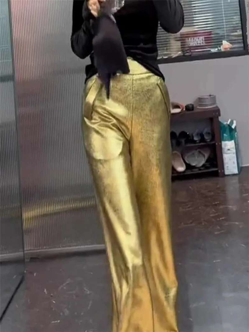 Limiguyue High End Gold Shiny Pants Women Soft Thin Leather Pant Spring Casual Loose Wide Legs Hanging Trousers Office Lady 884P