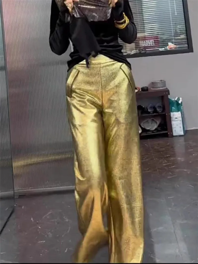 Limiguyue High End Gold Shiny Pants Women Soft Thin Leather Pant Spring Casual Loose Wide Legs Hanging Trousers Office Lady 884P