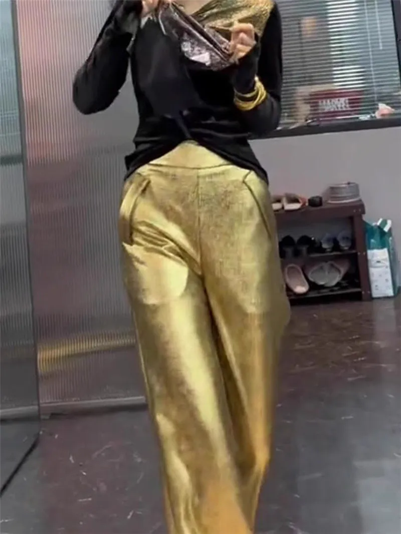 Limiguyue High End Gold Shiny Pants Women Soft Thin Leather Pant Spring Casual Loose Wide Legs Hanging Trousers Office Lady 884P