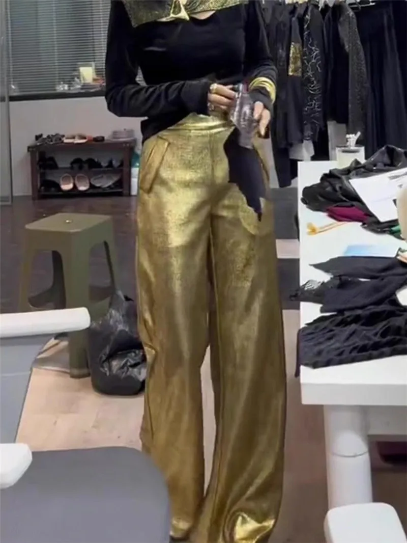 Limiguyue High End Gold Shiny Pants Women Soft Thin Leather Pant Spring Casual Loose Wide Legs Hanging Trousers Office Lady 884P