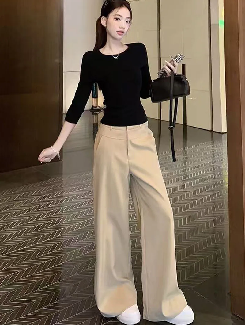 Khaki Wide Leg Pants for Women 2026 Spring Summer High Waist Slimming Suit Pants Woman High-End Elegant Loose Straight Trousers