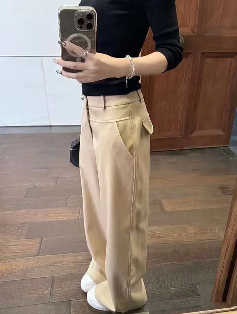 Khaki Wide Leg Pants for Women 2026 Spring Summer High Waist Slimming Suit Pants Woman High-End Elegant Loose Straight Trousers