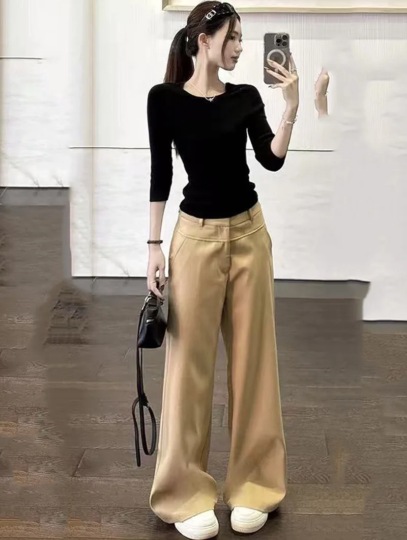 Khaki Wide Leg Pants for Women 2026 Spring Summer High Waist Slimming Suit Pants Woman High-End Elegant Loose Straight Trousers