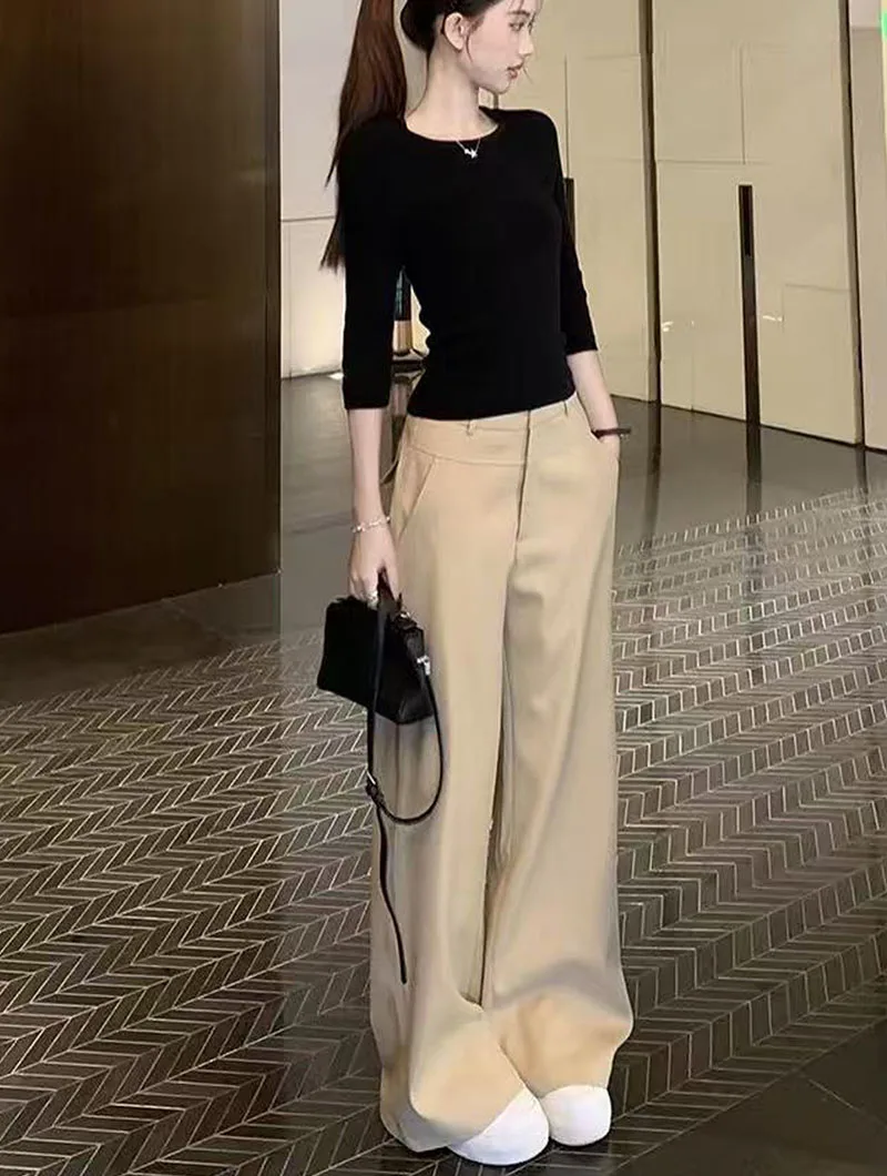 Khaki Wide Leg Pants for Women 2026 Spring Summer High Waist Slimming Suit Pants Woman High-End Elegant Loose Straight Trousers