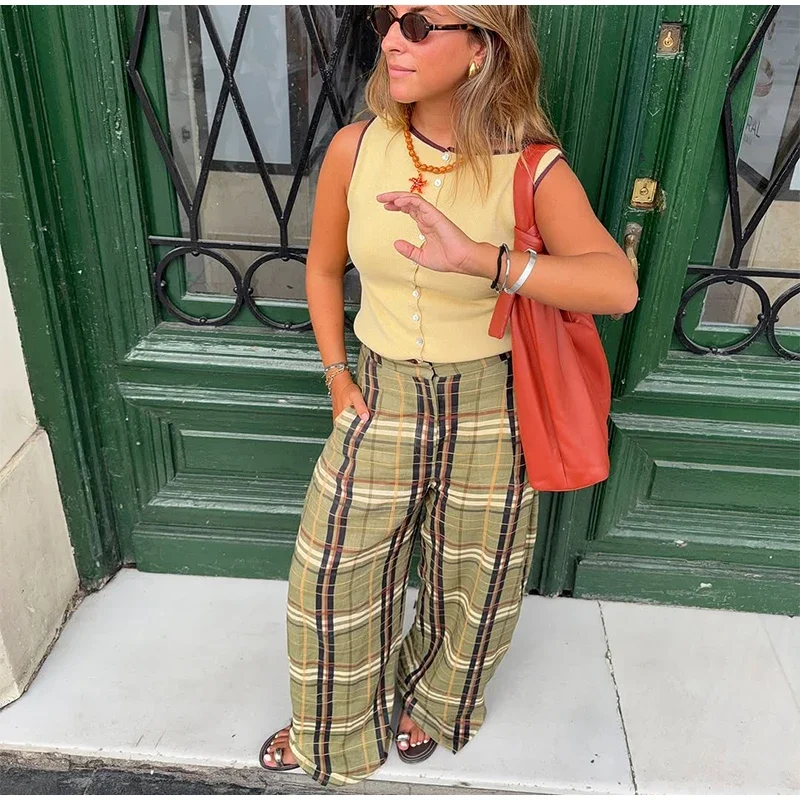 Casual Plaid Print Lace Up Bloomers Women Loose Elastic Waist Lantern Long Pants Autumn Lady Street Fashion Trousers 2025 New