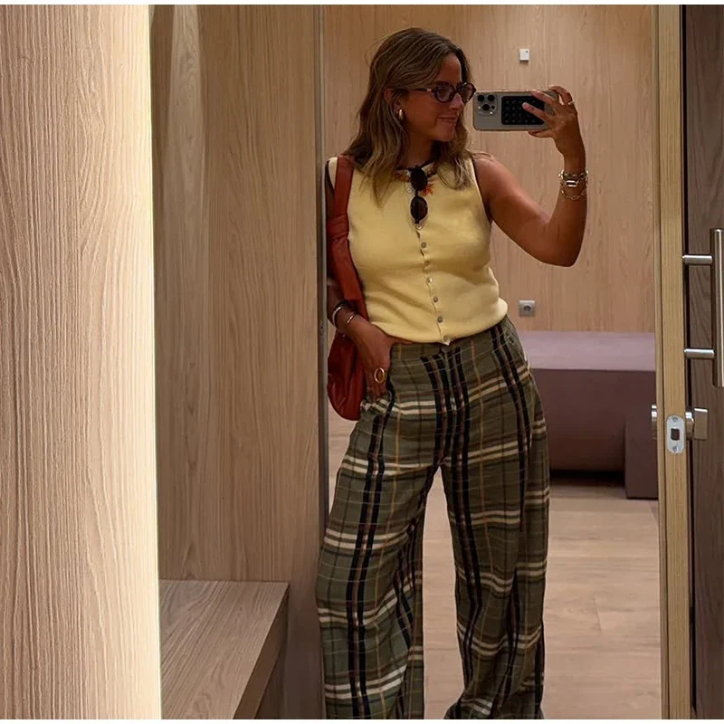 Casual Plaid Print Lace Up Bloomers Women Loose Elastic Waist Lantern Long Pants Autumn Lady Street Fashion Trousers 2025 New