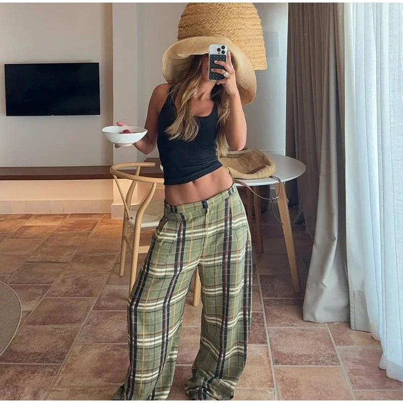 Casual Plaid Print Lace Up Bloomers Women Loose Elastic Waist Lantern Long Pants Autumn Lady Street Fashion Trousers 2025 New