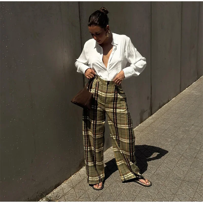 Casual Plaid Print Lace Up Bloomers Women Loose Elastic Waist Lantern Long Pants Autumn Lady Street Fashion Trousers 2025 New