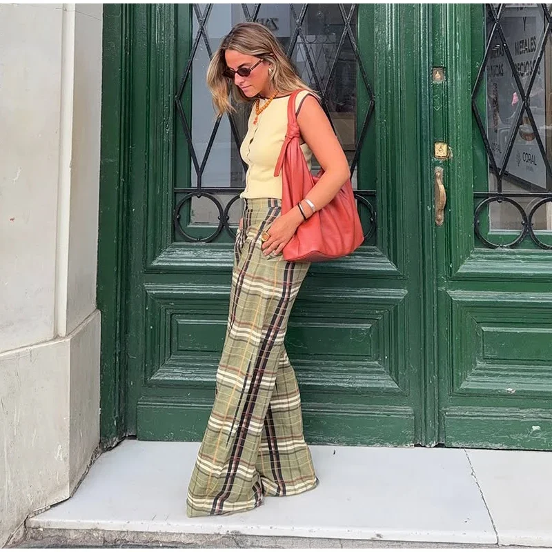 Casual Plaid Print Lace Up Bloomers Women Loose Elastic Waist Lantern Long Pants Autumn Lady Street Fashion Trousers 2025 New