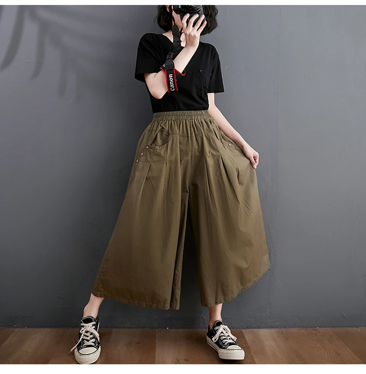 100% Cotton Wide Leg Pants Women New Arrival 2023 Summer Vintage Style Solid Color Loose Female Ankle-length Casual Pants B2537