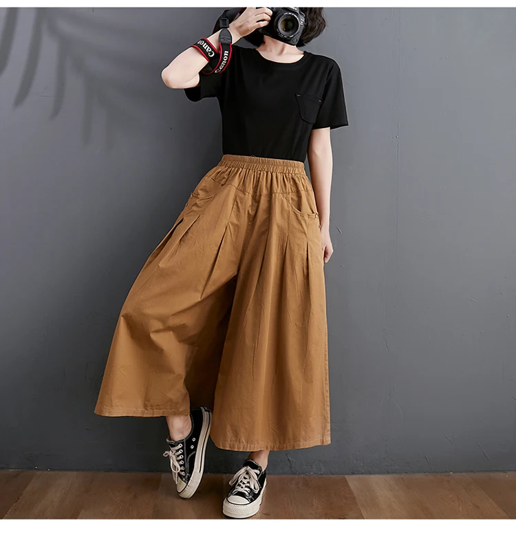 100% Cotton Wide Leg Pants Women New Arrival 2023 Summer Vintage Style Solid Color Loose Female Ankle-length Casual Pants B2537